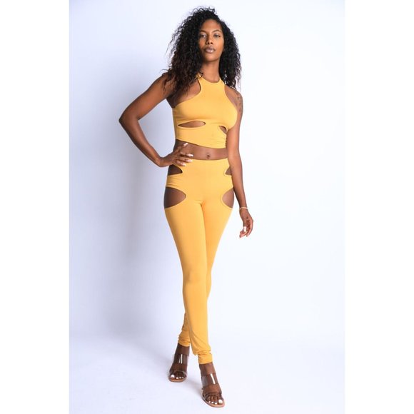 Women's Sexy Cut-Out Detailed Halter Crop Top & Matching Leggings Set Club Party - Picture 10 of 12